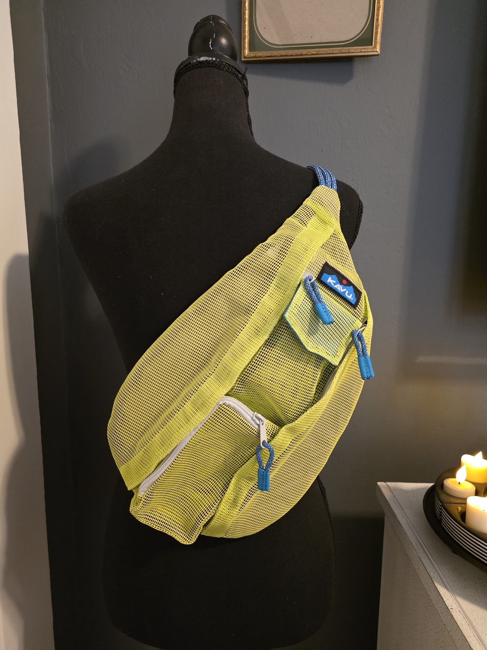 Kavu Neon Yellow Mesh Sling Bag with Blue Accents